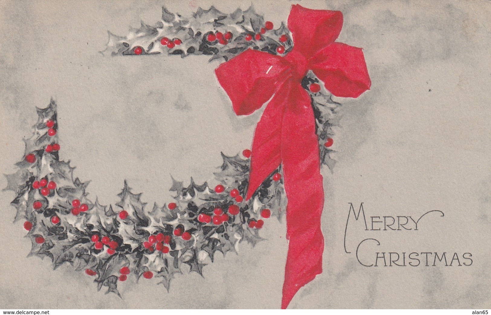 Merry Christmas Greetings, Artist Image Red Bow And Holly Wreath, C1910s Vintage Postcard - Other & Unclassified