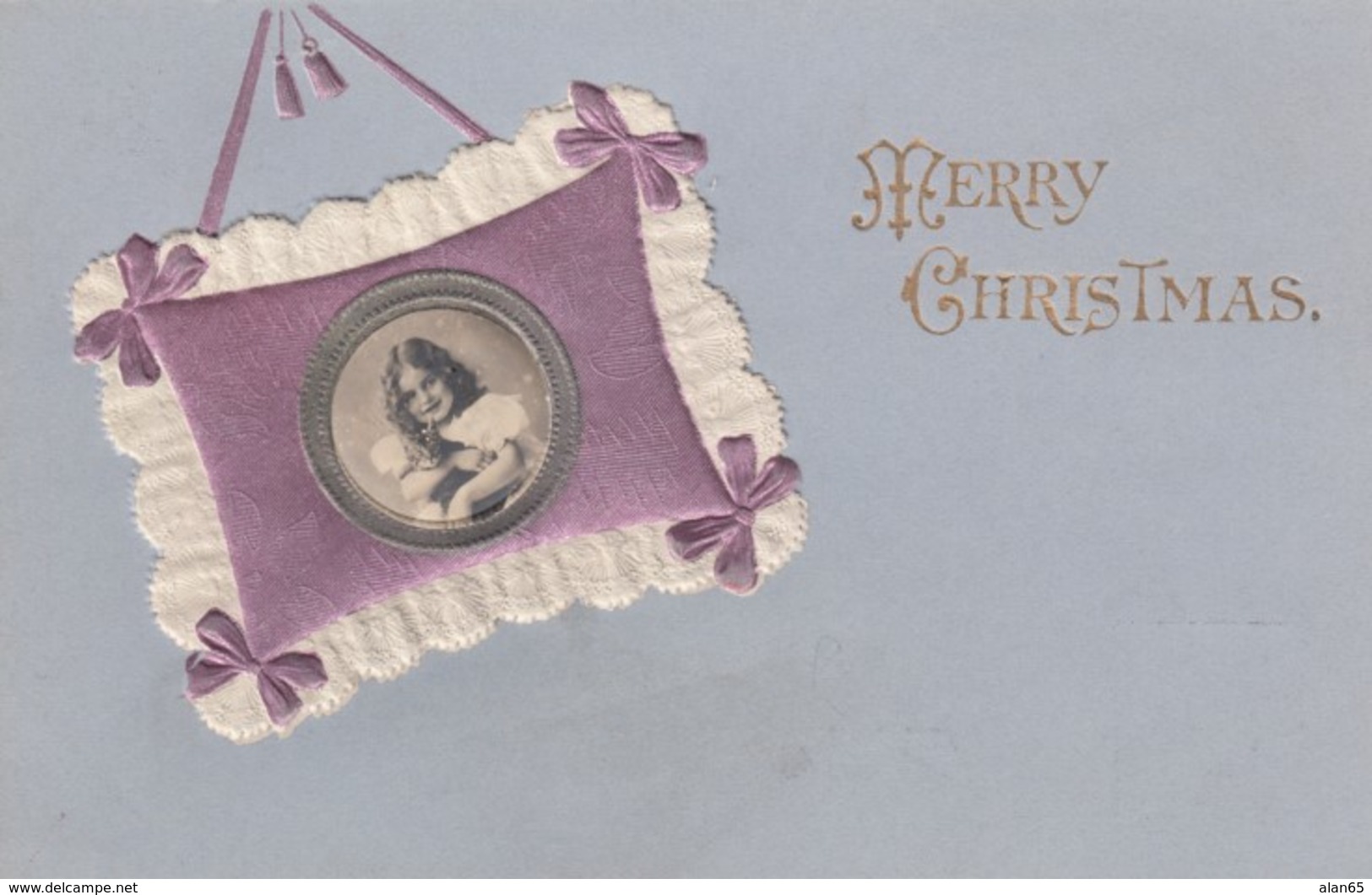 Merry Christmas Greetings, Photo Of Girl And Cloth Material Attached, C1900s Vintage Embossed Postcard - Other & Unclassified