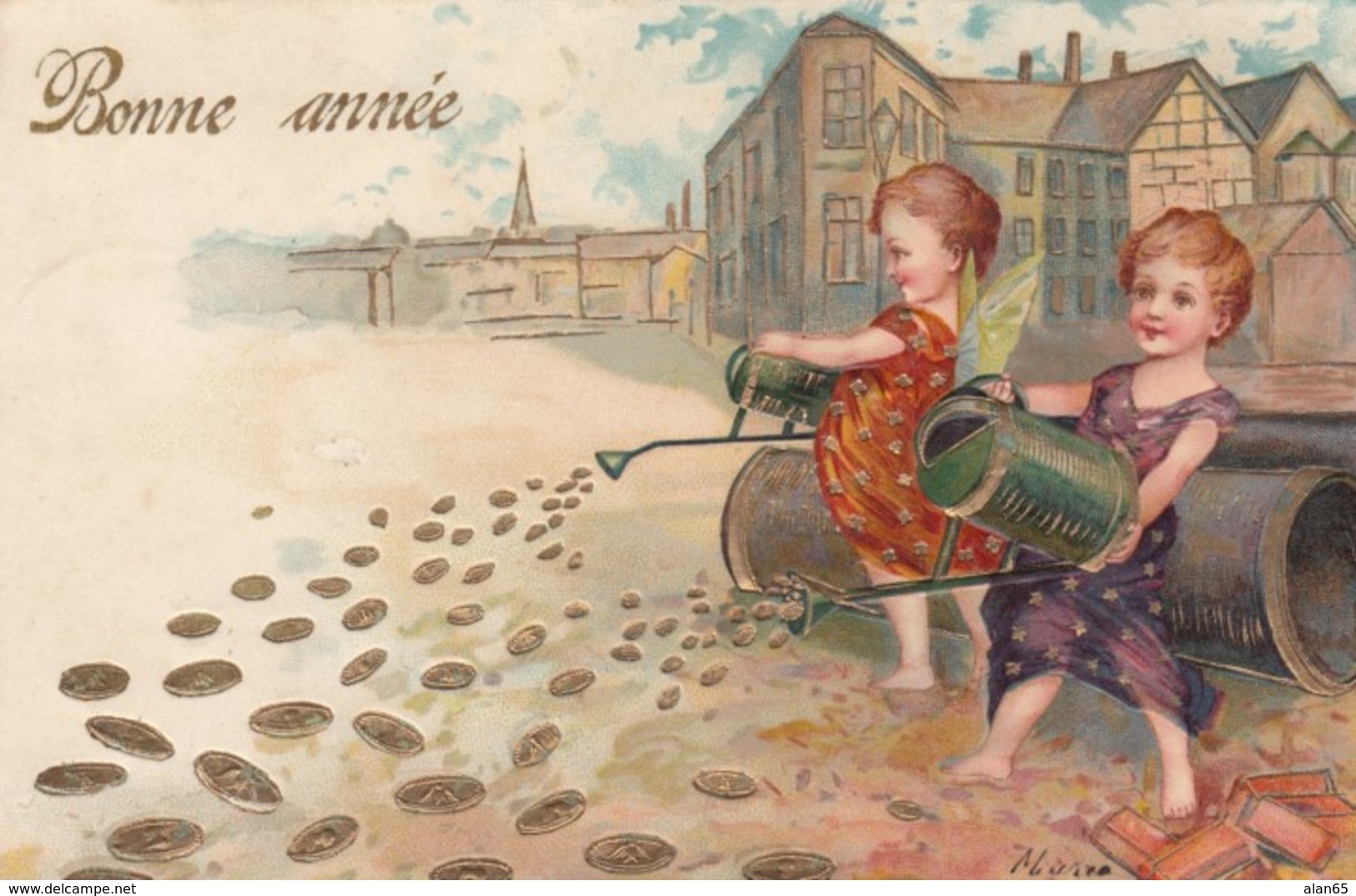 New Year Greetings, Children Cherubs Water With Coins, Good Luck, C1900s Vintage Embossed Postcard - Nouvel An