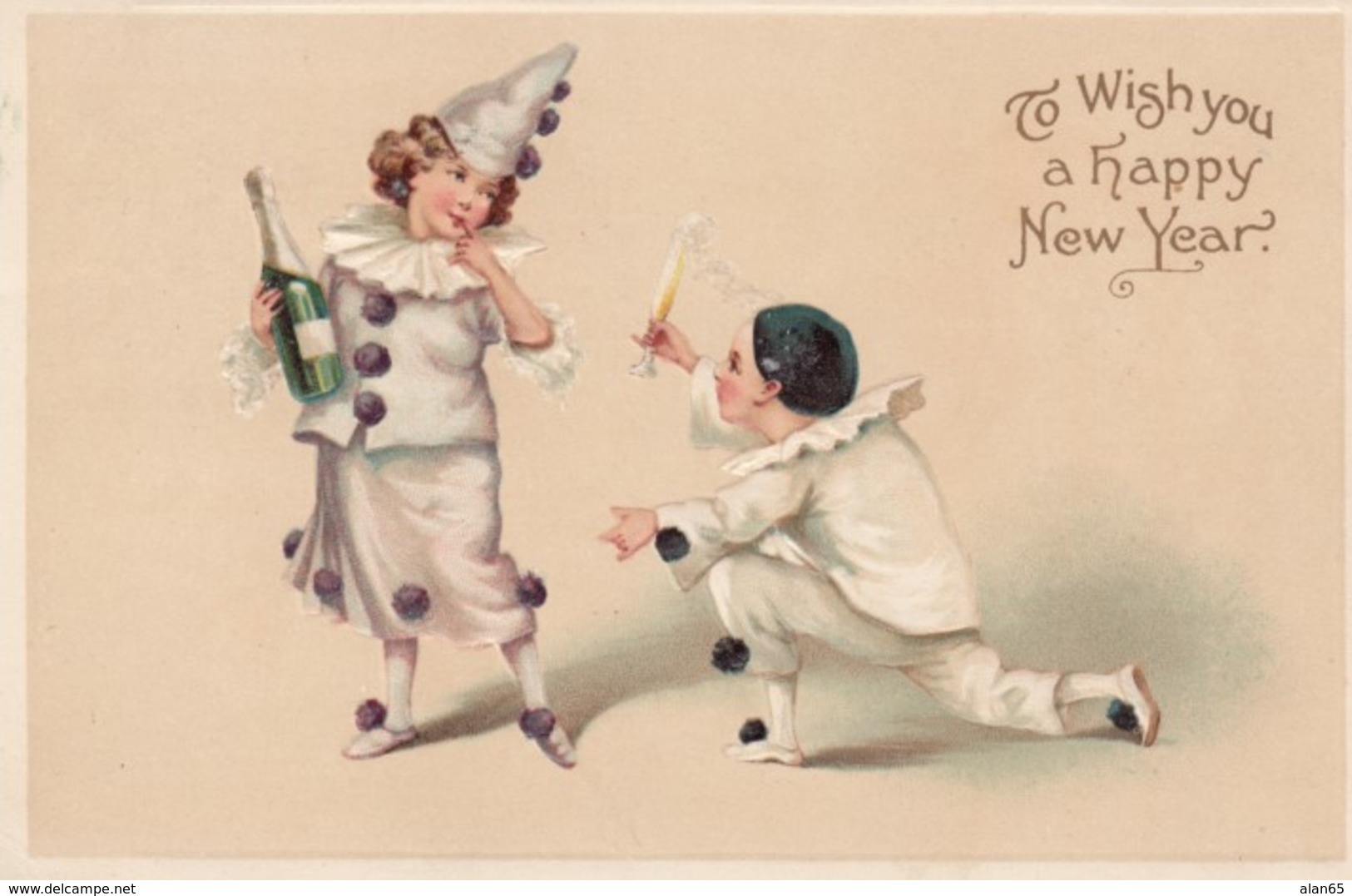 New Year Greetings, Harlequin Children Champagne, C1910s Vintage Embossed Postcard - New Year