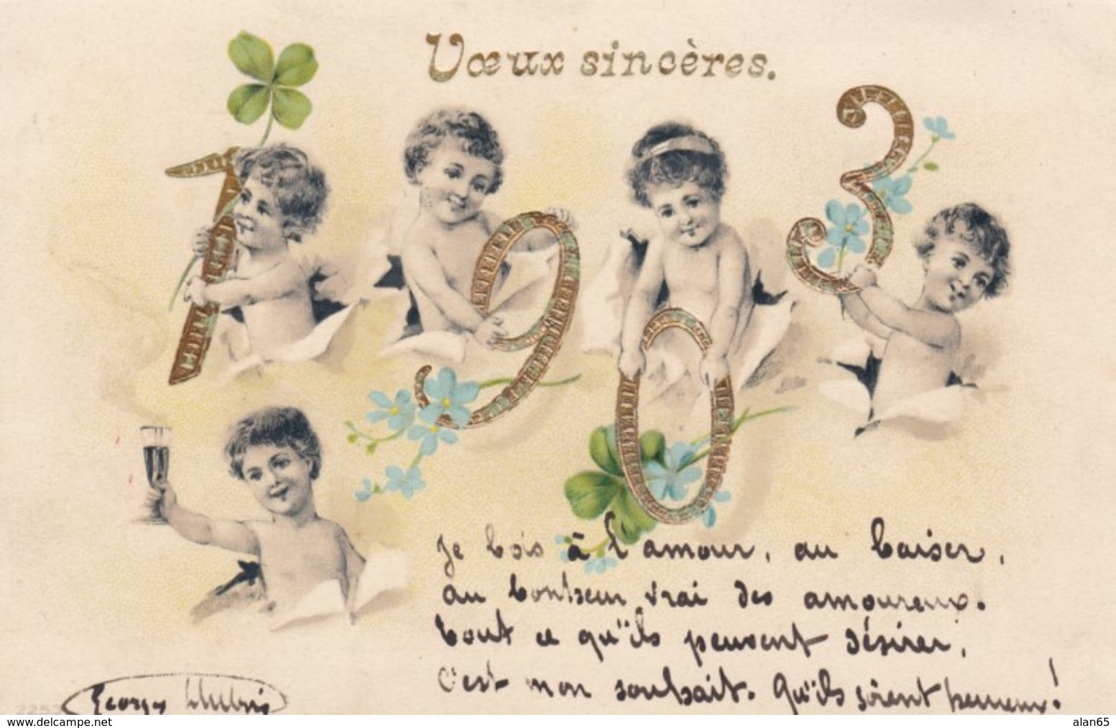 1903 New Year Date, Sincere Wishes, Babies Hold Numbers, C1900s Vintage Embossed Postcard - New Year