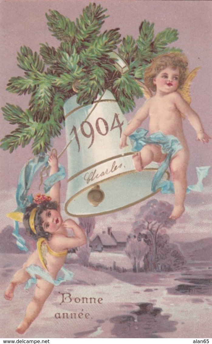 1904 New Year Date, Cherubs Bell Fir Boughs, C1900s Vintage Embossed  Postcard - New Year