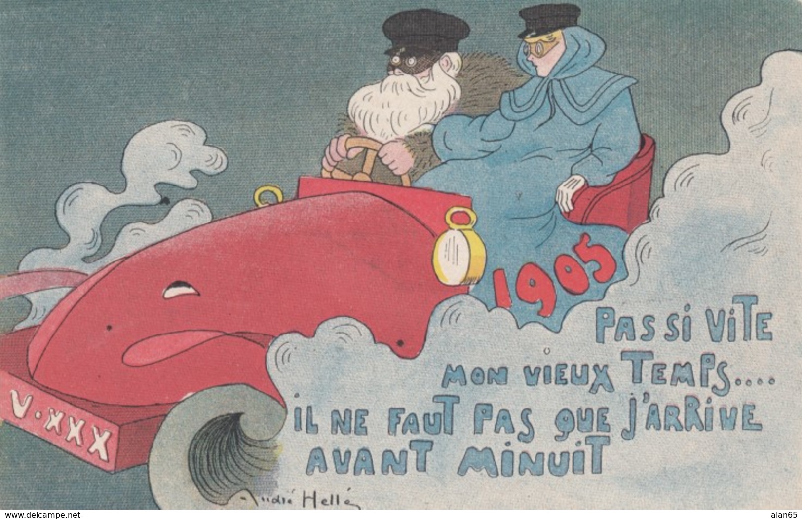 1905 New Year Date, Helle Artist Signed, Old Man Drives Fast New Year Says 'Slow Down', C1900s Vintage Postcard - New Year