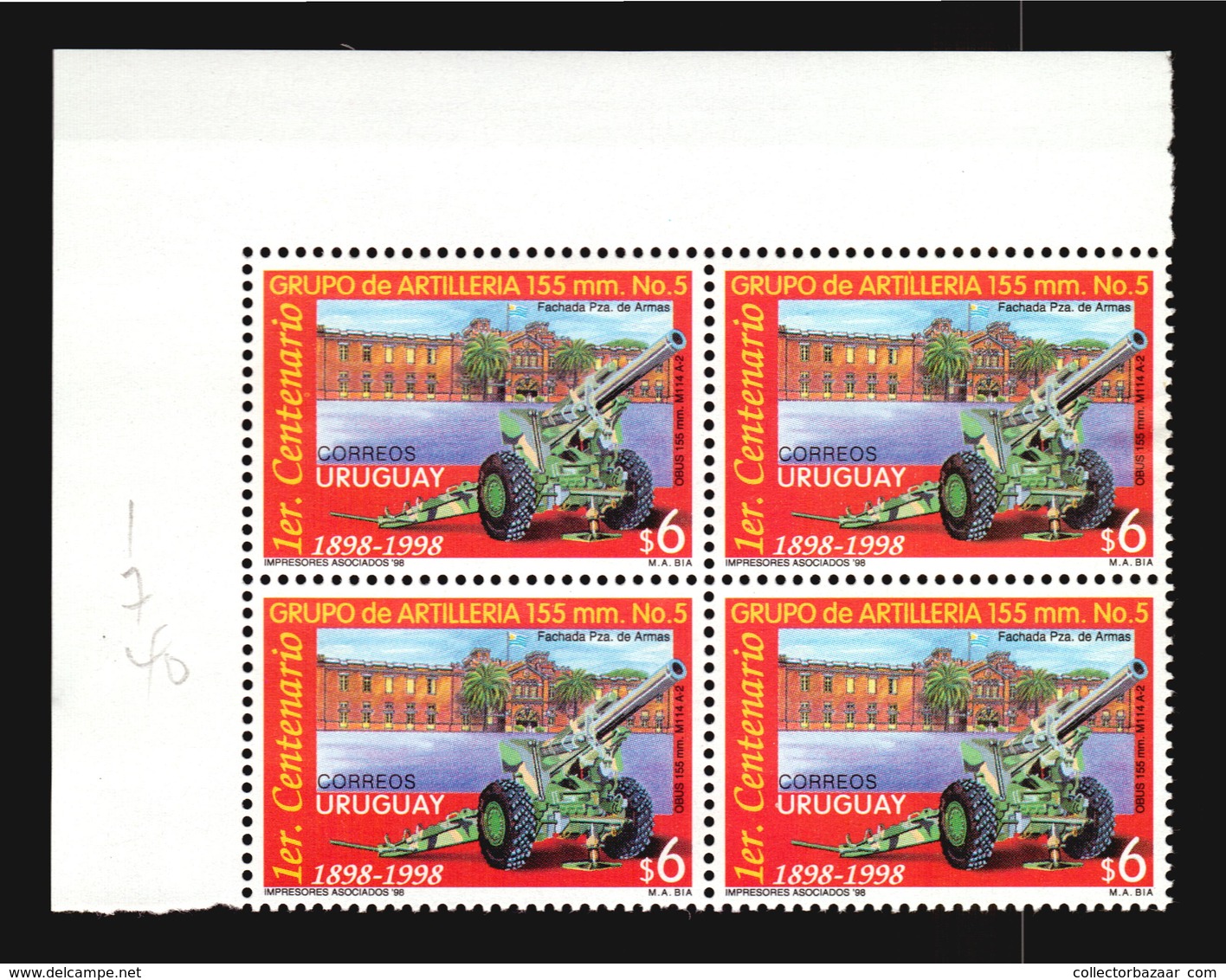 155 MM ARTILLERY CANNON MILITARY WAR URUGUAY MNH BLOCK OF 4 ** - Militaria