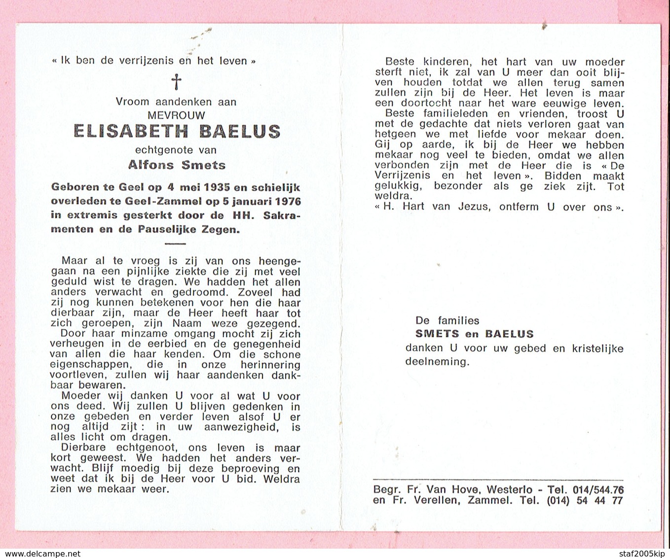 Bidprentje - Elisabeth BAELUS Echtg. Alfons SMETS - Geel 1935 - Geel Zammel 1976 - Godsdienst & Esoterisme