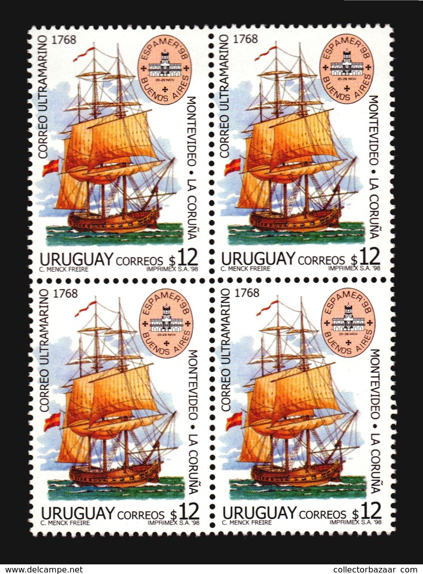 POSTAL LINK BETWEEN SPAIN CORUÑA AND MONTEVIDEO SHIP ESPAMER 98 URUGUAY MNH BLOCK OF 4 ** - Post