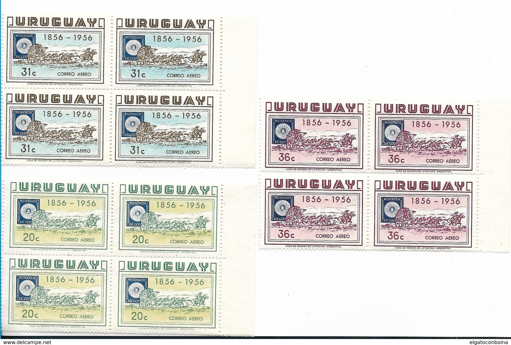 URUGUAY 1956 CENTENARY OF FIRST STAMP,  3 VALUES IN BLOCK OF FOUR STAMP ON STAMP HORSES MICHEL 798-800 - Uruguay