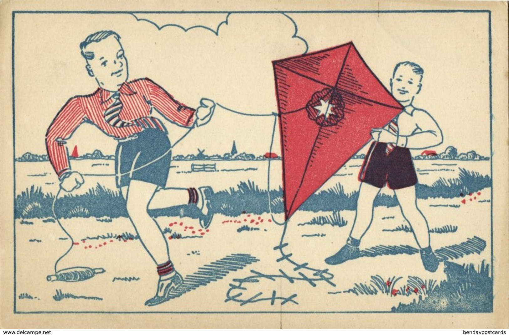 Two Boys Flying A Kite (1940s) Postcard - Other & Unclassified