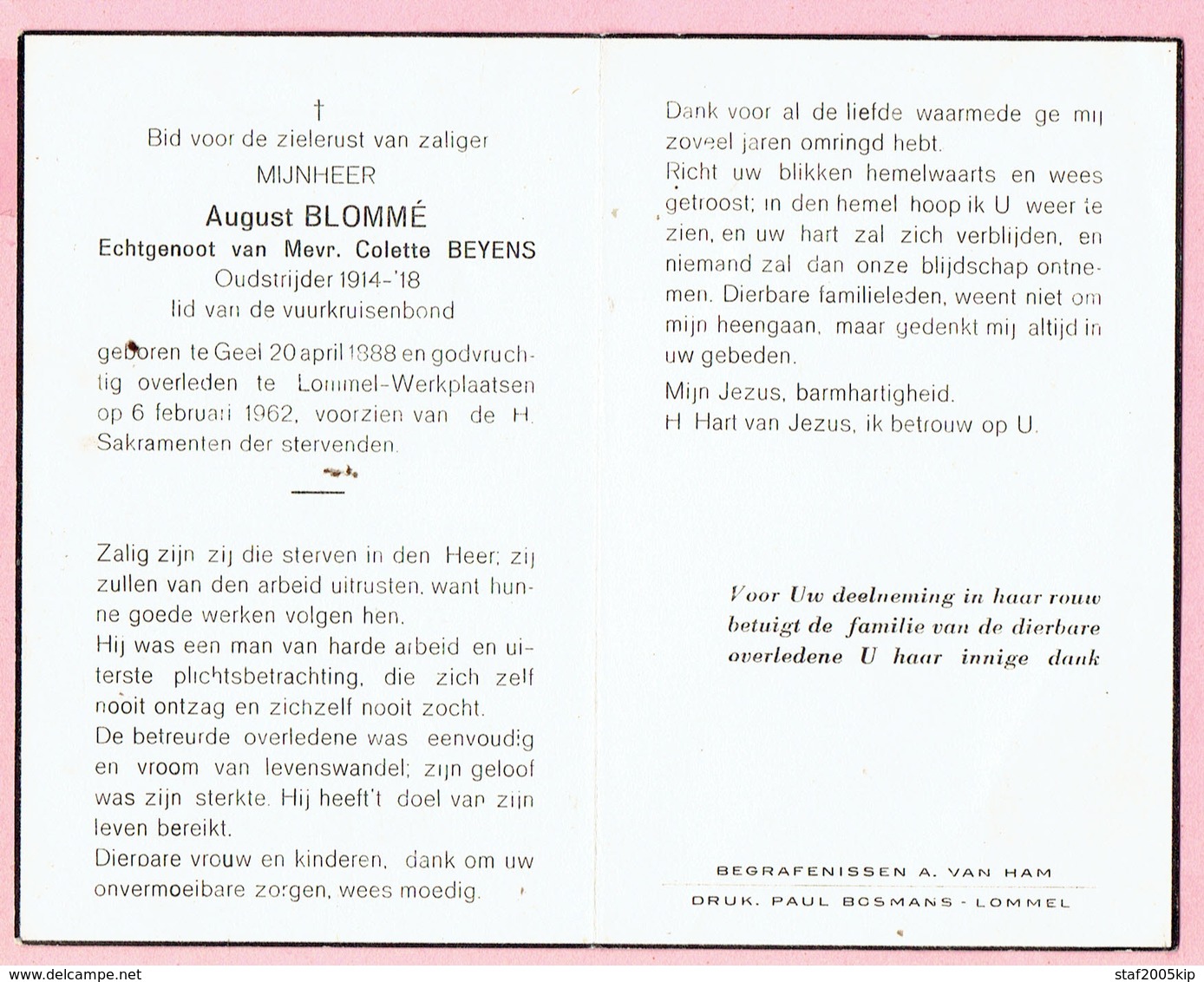 Bidprentje - August Blommé Echtg.Colette BEYENS Oudstrijder 1914 1918 - Geel 1888 - Lommel Werkplaatsen 1962 - Godsdienst & Esoterisme