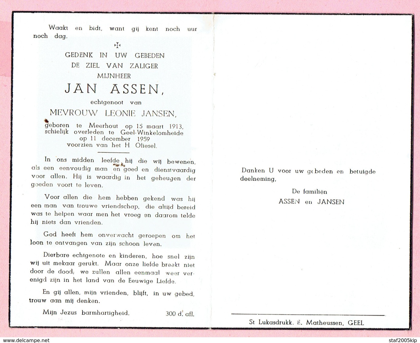 Bidprentje - Jan ASSEN Echtg. Leonie JANSEN - Meerhout 1913 - Geel Winkelomheide 1959 - Godsdienst & Esoterisme