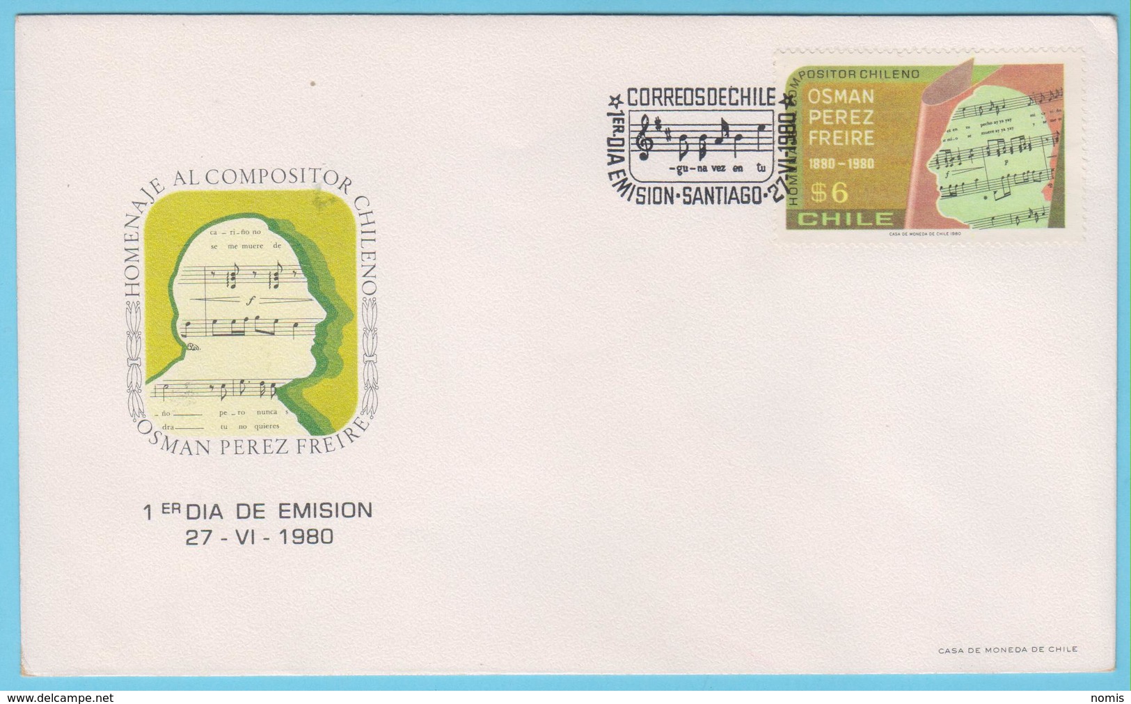 J.M.20 - Chili- F.D.C..- N° 90 - Compositeur - O. Perez Freire - Notation - Musique