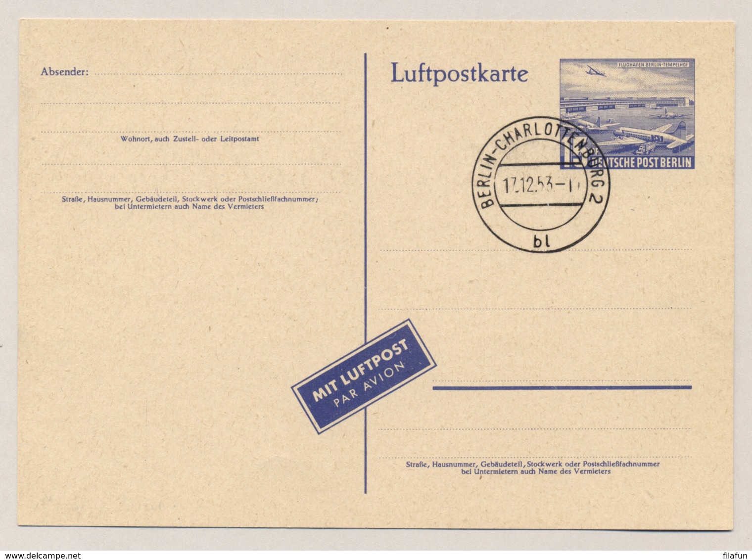 Berlin - 1953 - 15pf Luftpostkarte - Flughafen Berlin Tempelhof - Cancelled FDC, Not Sent - Postkaarten - Gebruikt