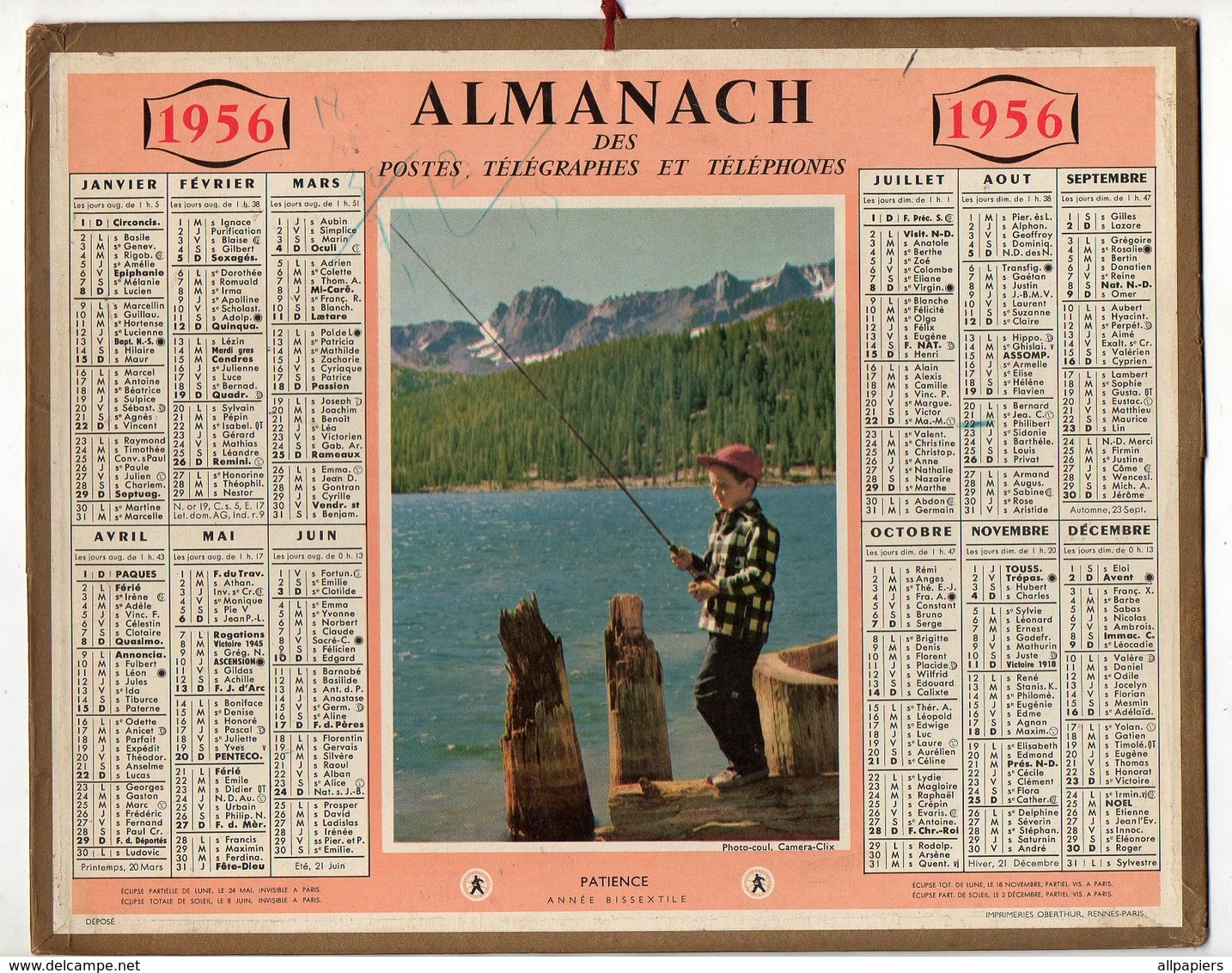 Almanach Des Postes Télégraphes Et Téléphones De 1956 Illustration Patience à La Pêche - Petit Format : 1941-60