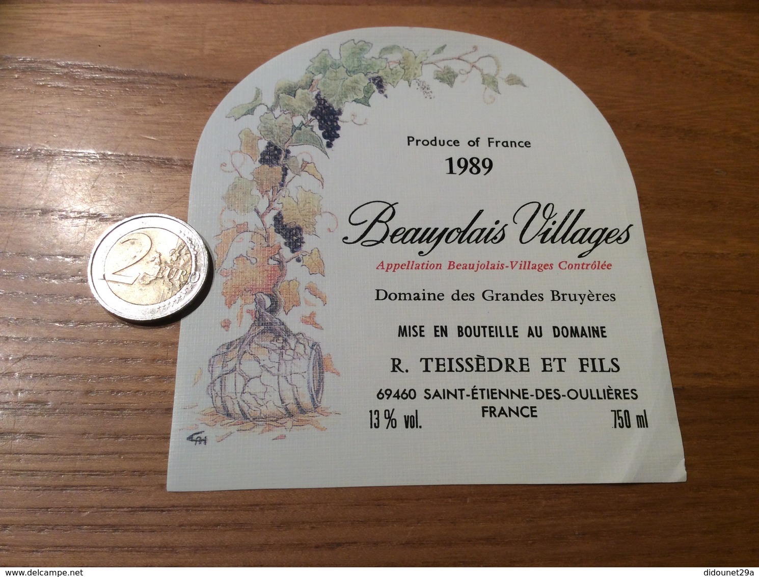 Etiquette Vin 1989 «BEAUJOLAIS VILLAGES - Domaine Des Grandes Bruyères - TEISSÈDRE - Saint-Etienne-des-Oullières (69)» - Beaujolais