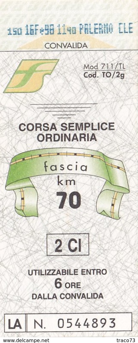 FERROVIE DELLO STATO /  Biglietto Corsa Semplice _ Fascia Km 70 - Monde