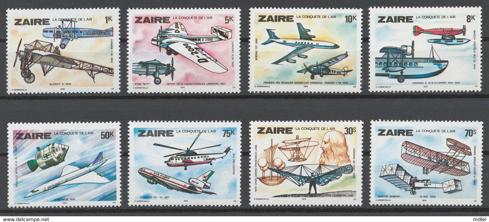 Zaire 1978 Mi# 580-87+ Bl.22** HISTORY OF AVIATION - Neufs