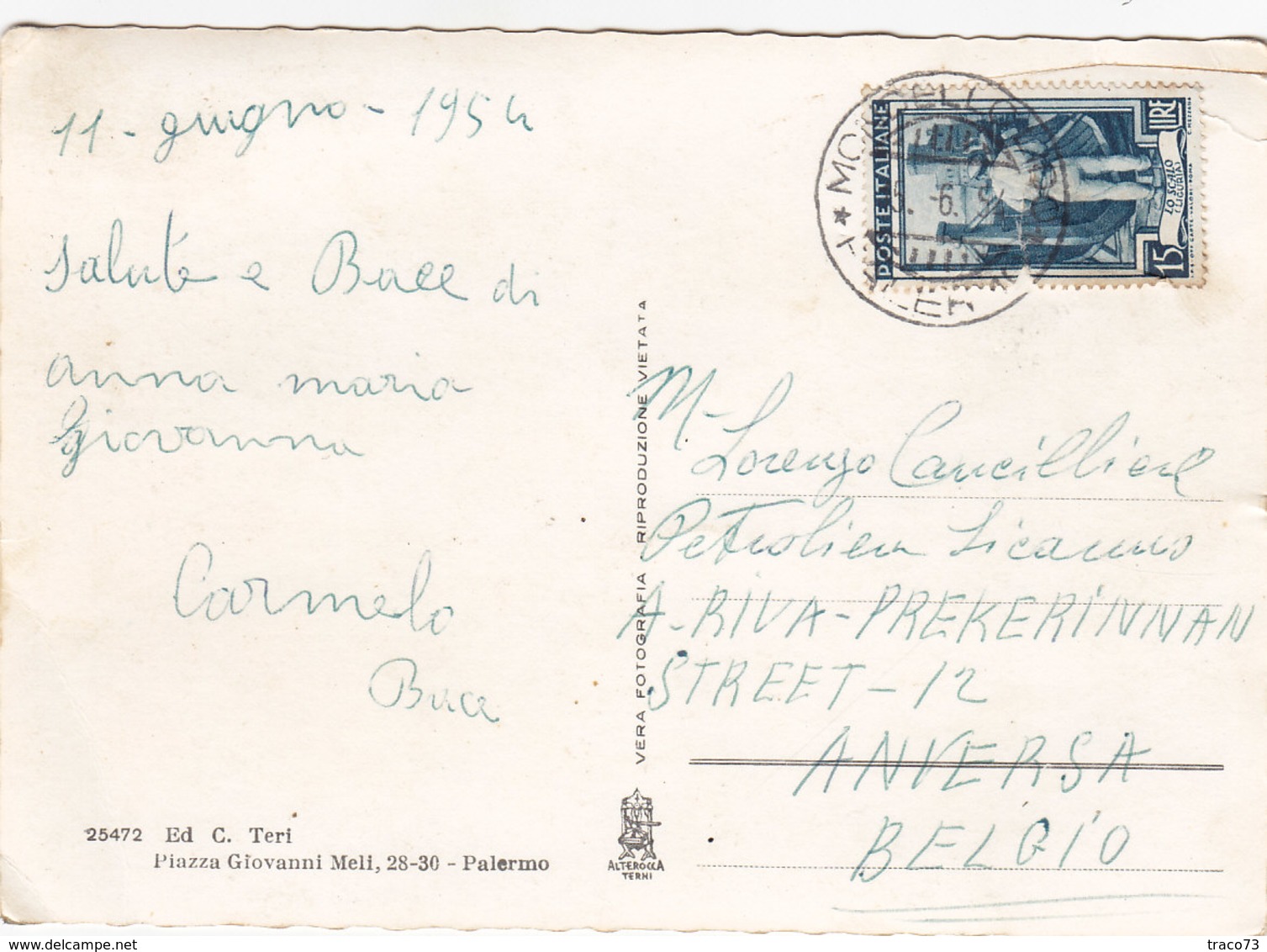 MONDELLO /  Saluti Con Vedutine _ Viaggiata Per Il Belgio 1954 - Palermo