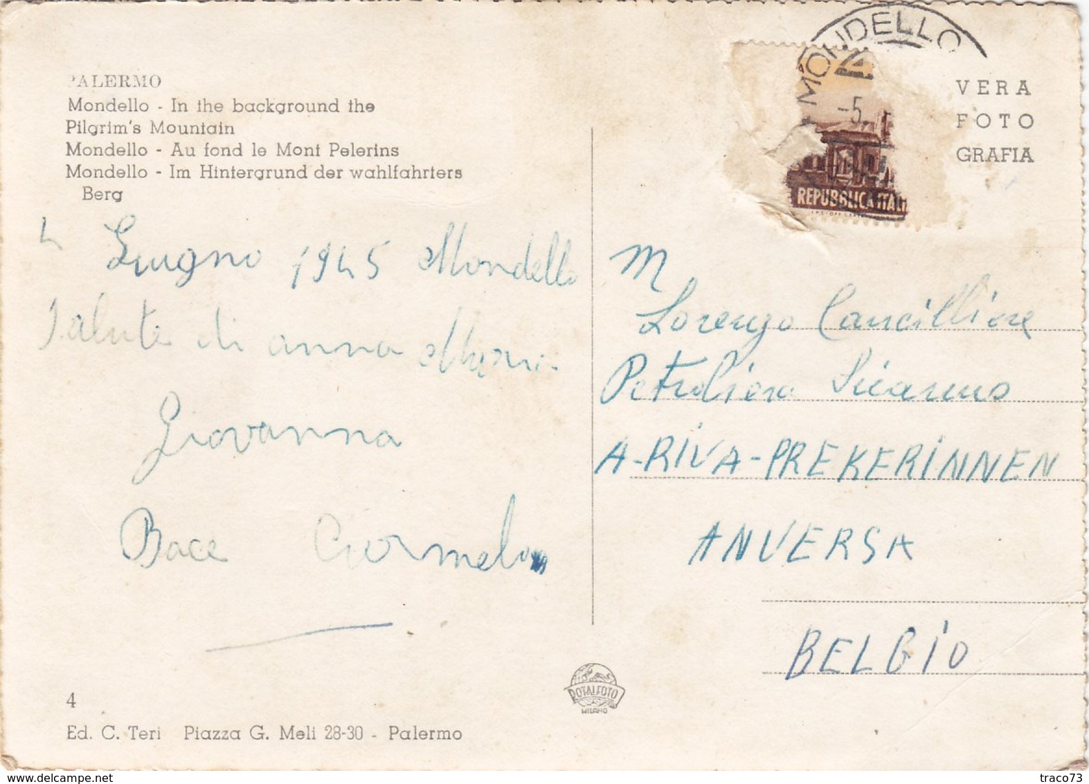 MONDELLO /  Veduta - Sullo Sfondo Monte Pellegrino _ Viaggiata Per Il Belgio 1955 - Palermo