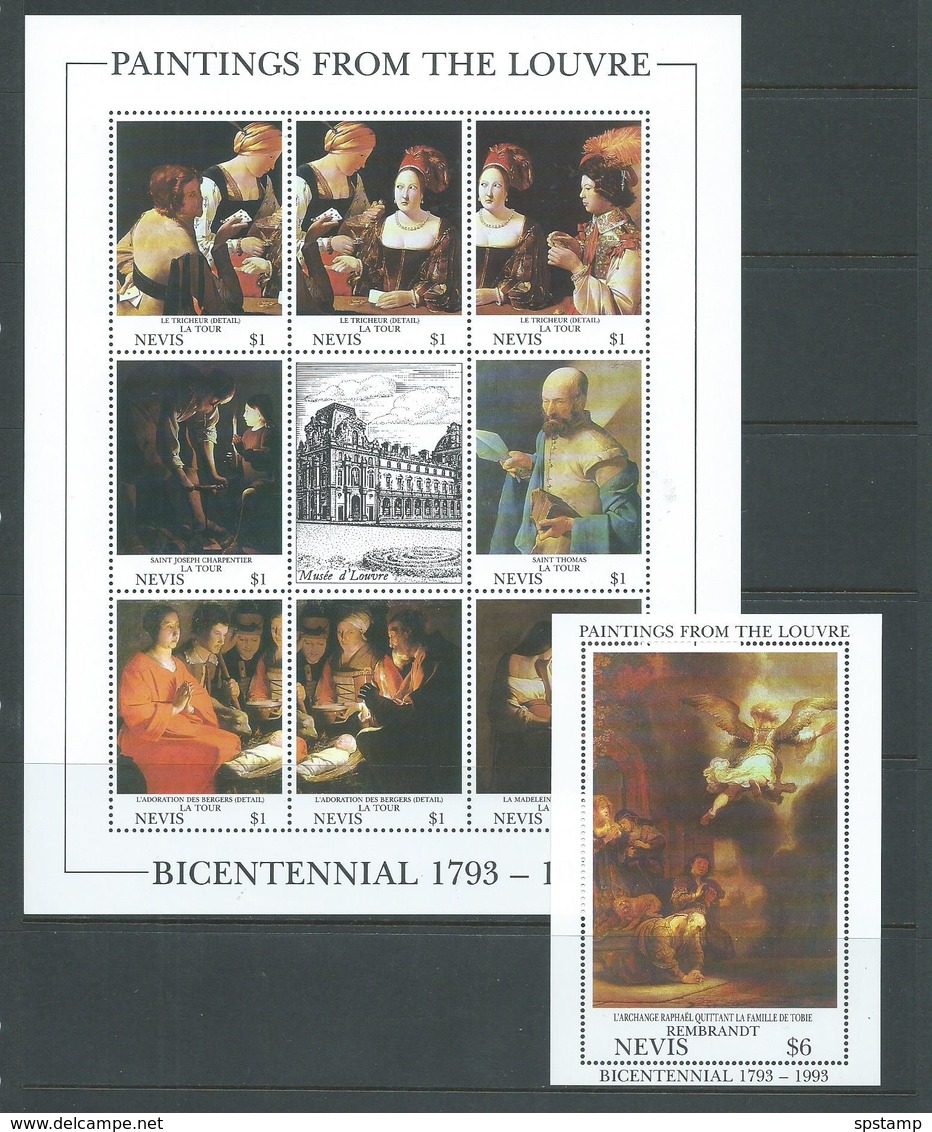 Nevis 1993 Louvre Paintings Sheet Of 8 + Label , & Miniature Sheet MNH - St.Kitts Und Nevis ( 1983-...)