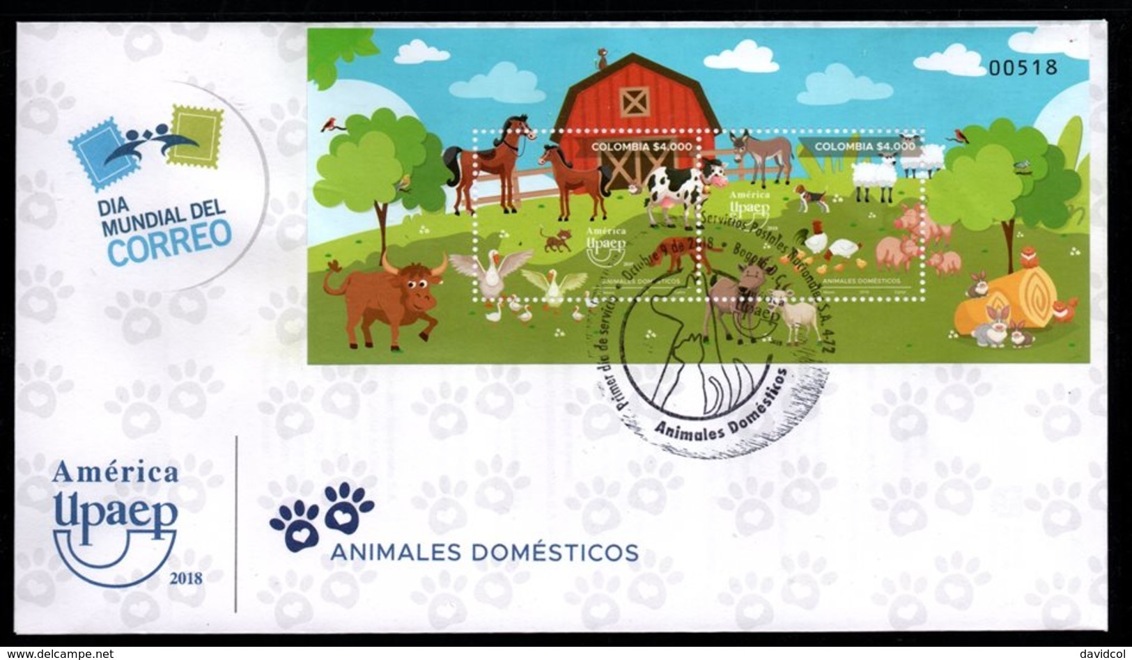 COLOMBIA- KOLUMBIEN- 2018 FDC/SPD. DOMESTIC ANIMALS SOUVENIR SHEET .WORLD MAIL DAY. HIGH FACIAL VALUE - Colombie