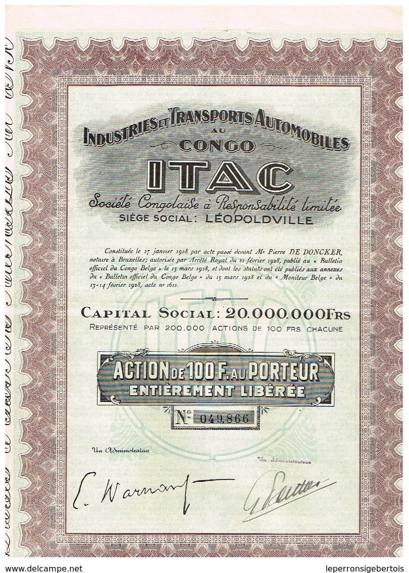 Ancienne Action  Congolaise - Industries Et Transports Automobiles Au Congo "ITAC"- Titre De 1928 - Afrique