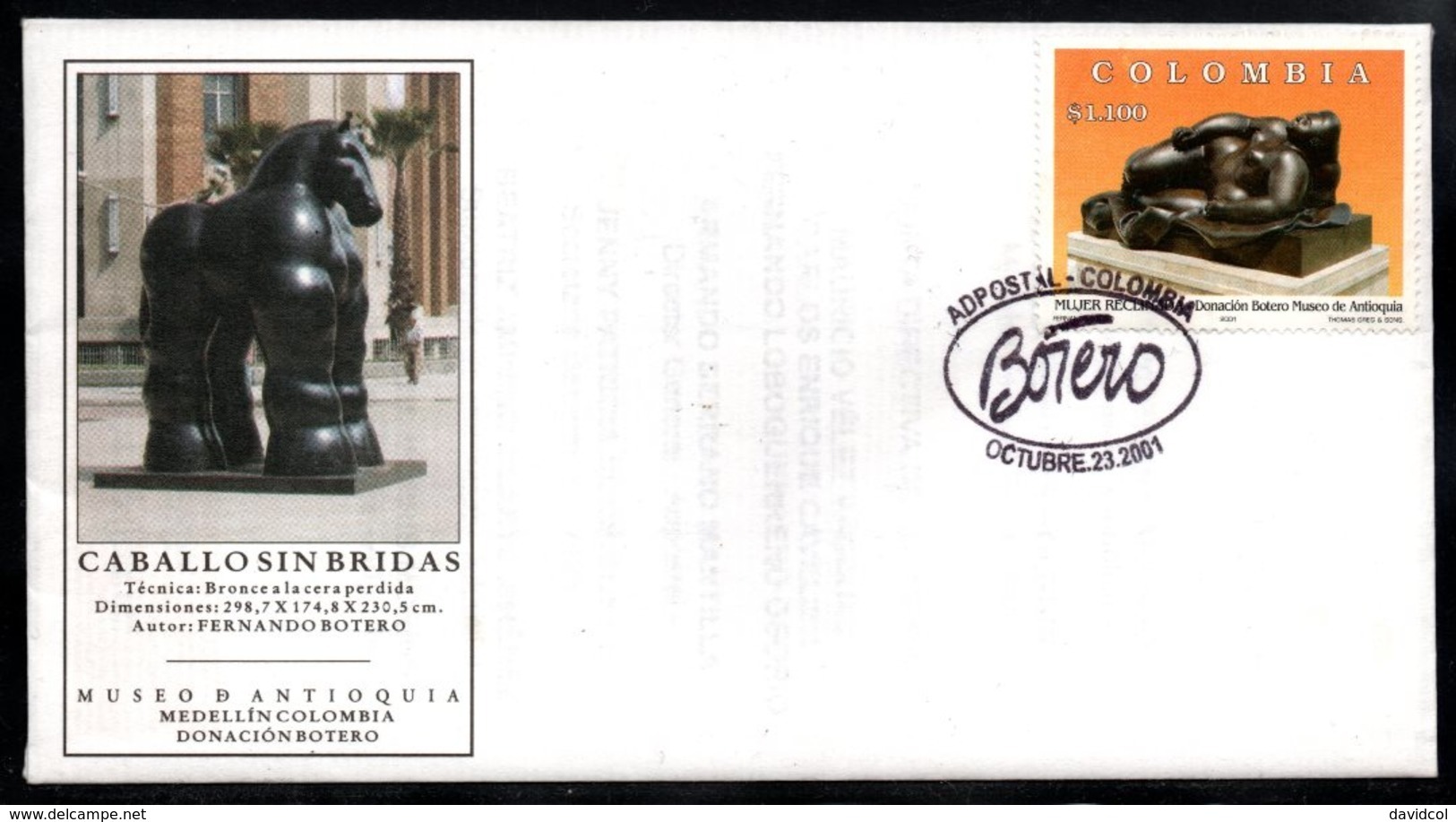 COLOMBIA- KOLUMBIEN- 2001 FDC/SPD. BOTERO'S SCULPTURE - " MUJER RECLINADA". / " WOMAN RECLINING" - Colombia