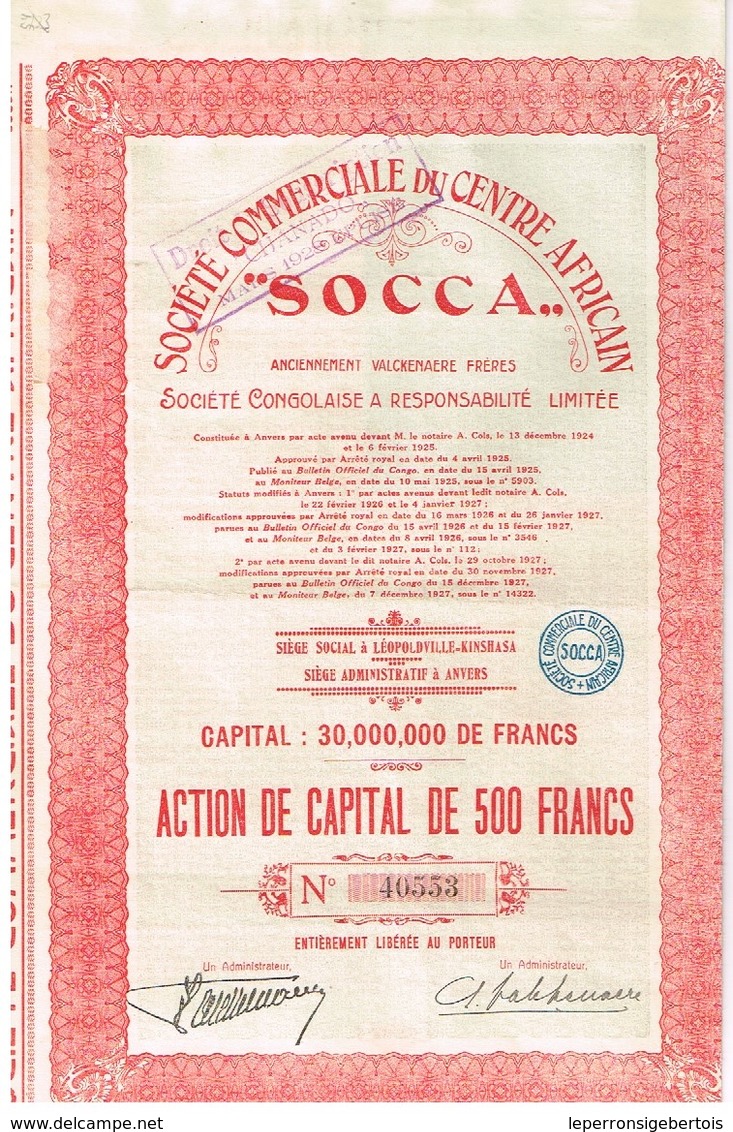 Ancienne Action  Congolaise - Société Commerciale Du Centre Africain "SOCCA"- Titre De 1927 - Afrika