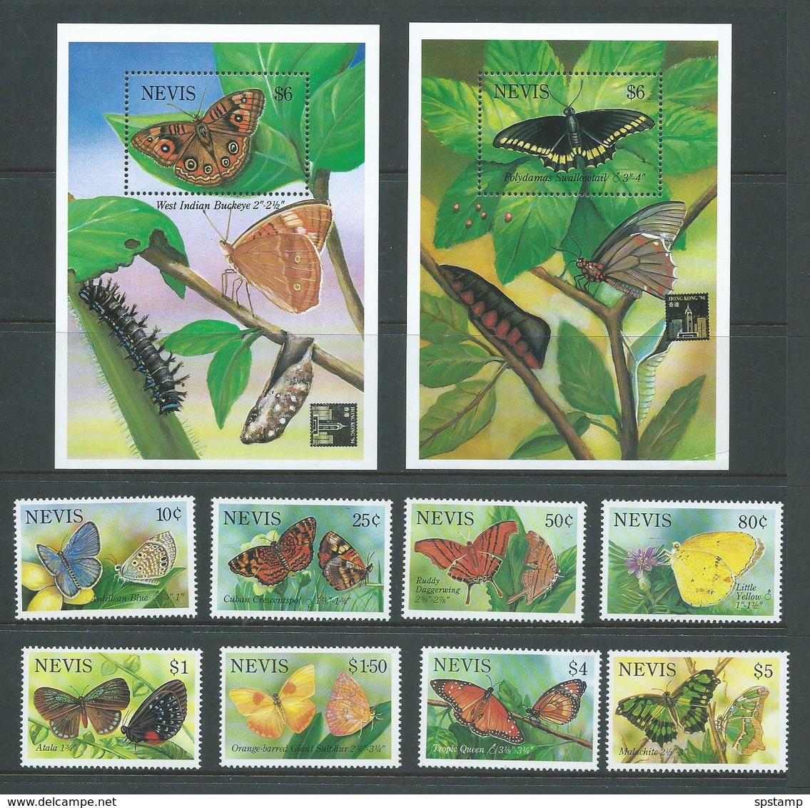 Nevis 1993 Butterfly Set Of 8 And The 2 Hong Kong Miniature Sheets MNH , 1 MS Corner Crease - St.Kitts-et-Nevis ( 1983-...)