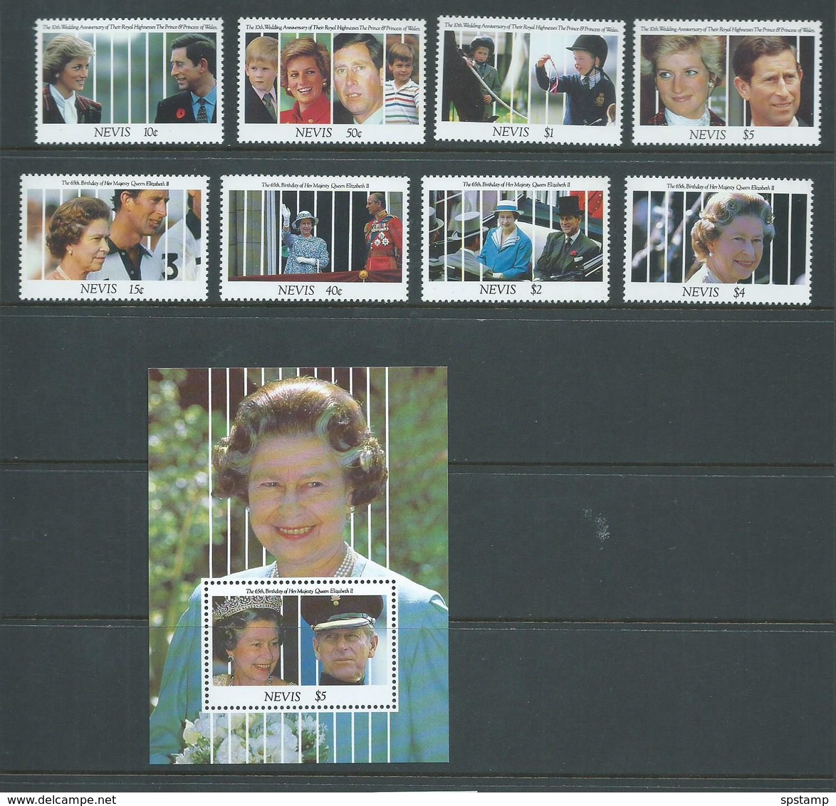 Nevis 1991 QEII & Royal Birthdays Set 8 & 1 Miniature Sheet  MNH - St.Kitts-et-Nevis ( 1983-...)