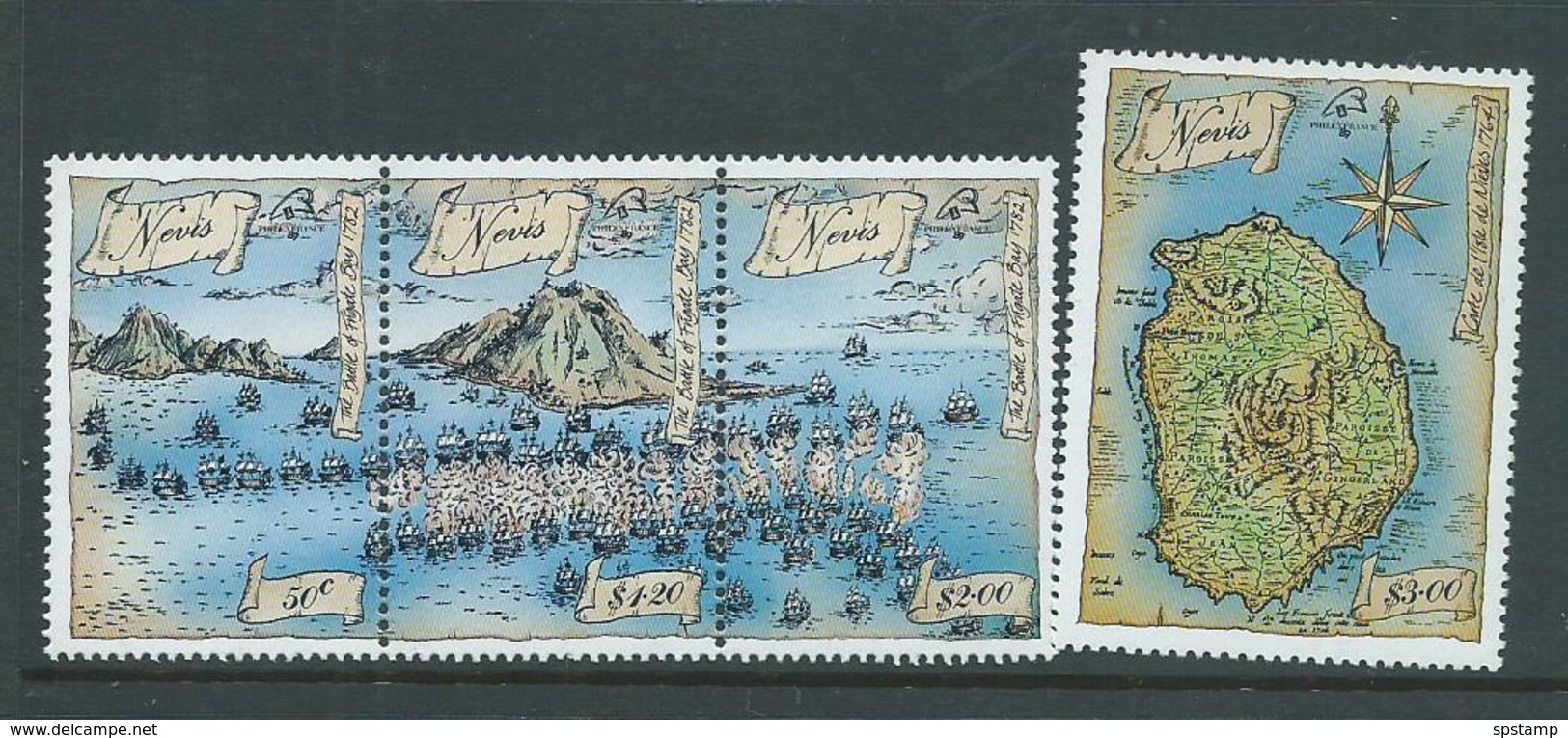 Nevis 1989 Frigate Bay Sea Battle Set Of 4 MNH , 1 X $2 With Gum Glaze - St.Kitts And Nevis ( 1983-...)