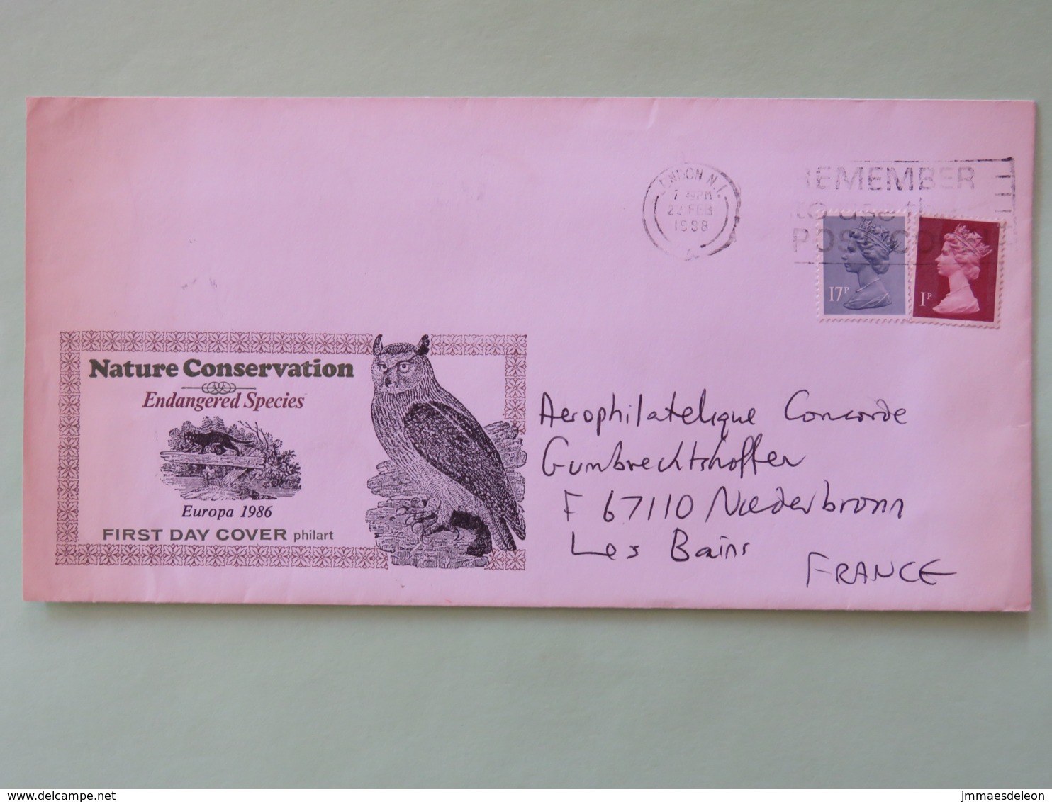 United Kingdom 1998 Cover To France - Queen - Owl - Lettres & Documents