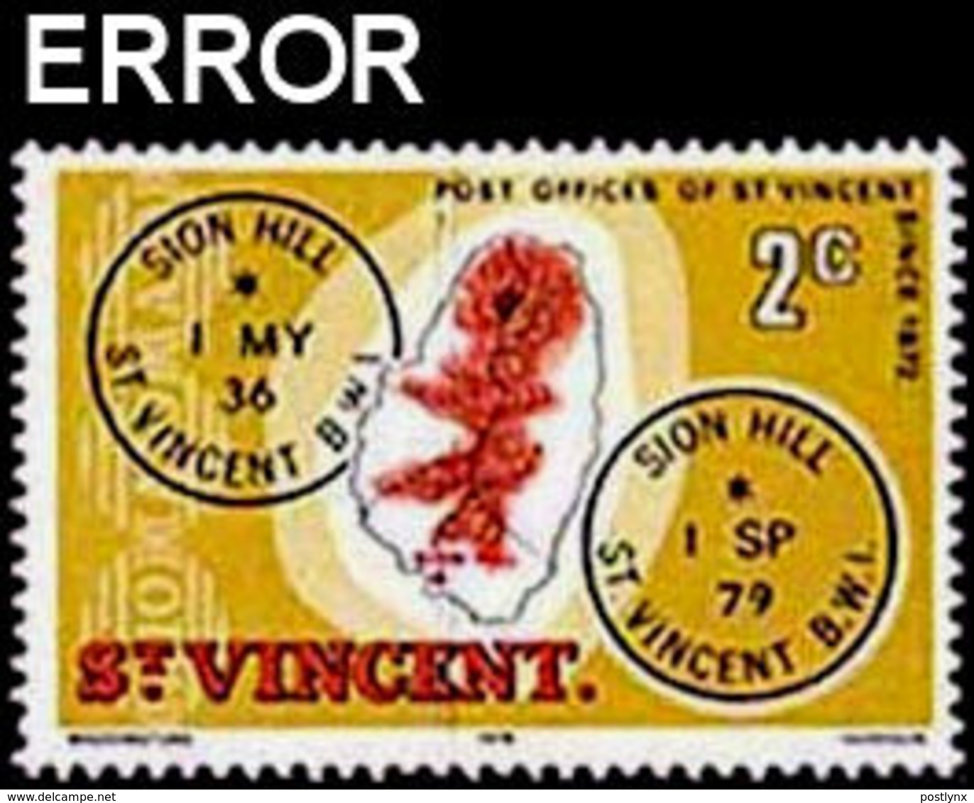 ST.VINCENT 1979 Post Island Map 2c ERROR:2 X Magenta - Post