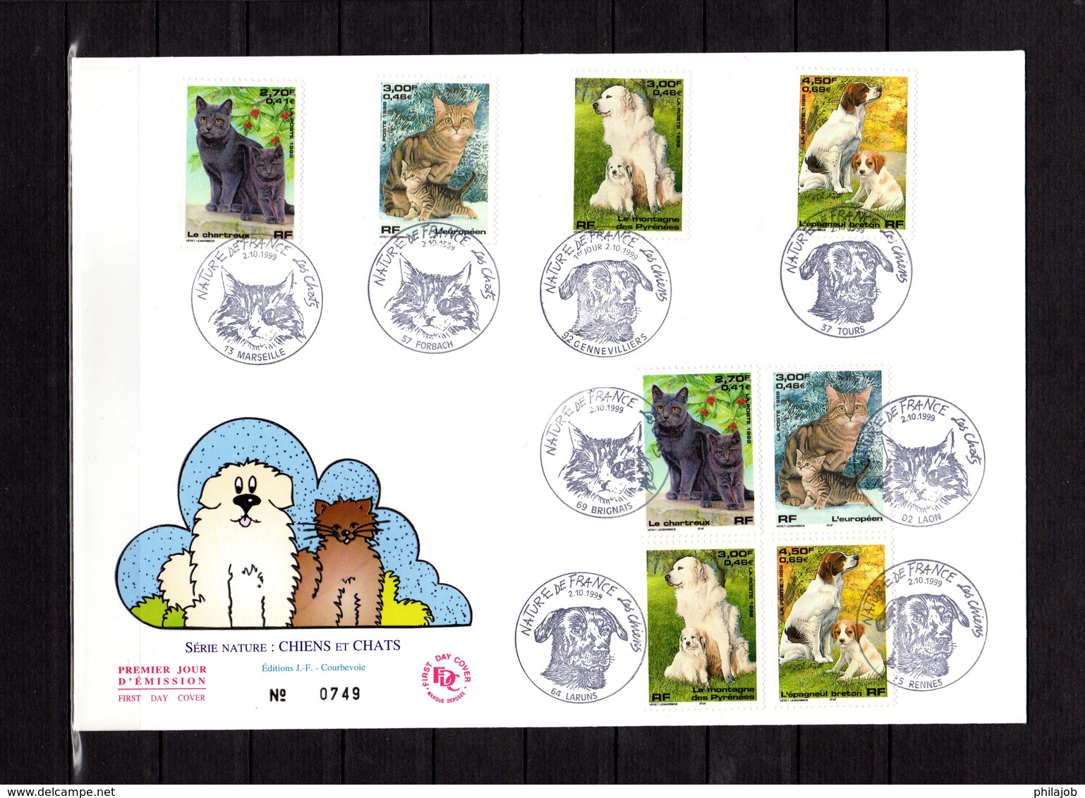 " CHIENS / CHATS " Sur Enveloppe 1er Jour Grand Format N°tée De 1999. N°YT 3283 à 3286 Parf état. FDC - 2000-2009