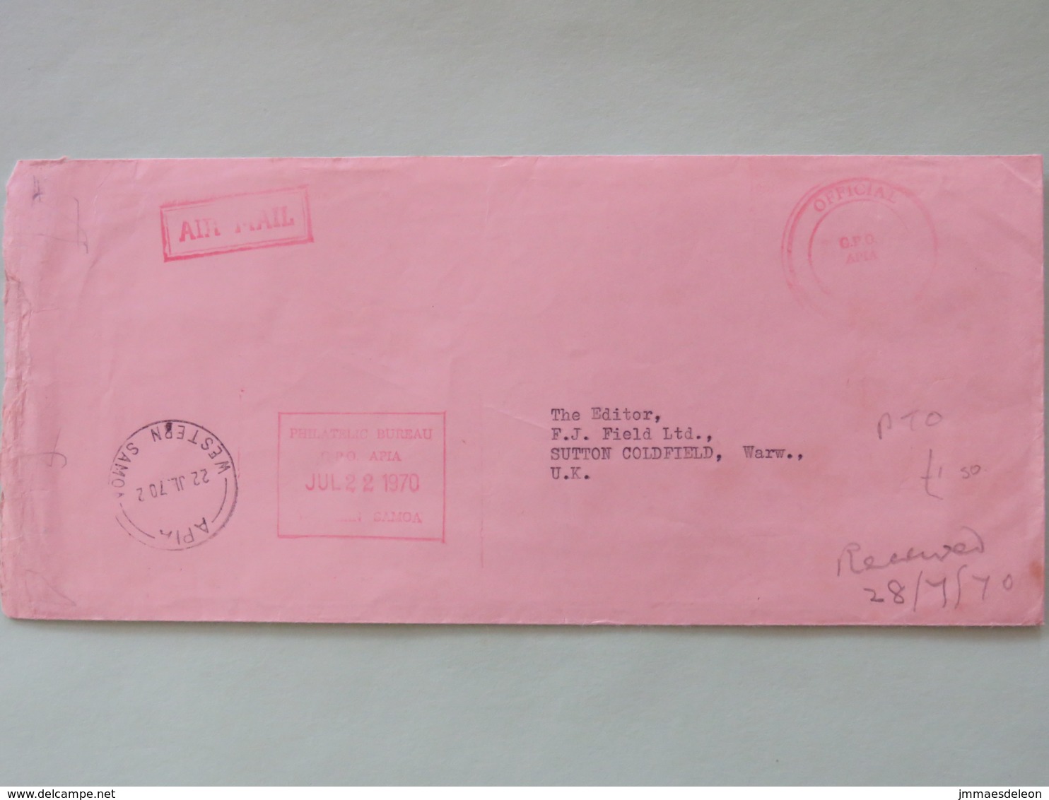 Samoa (Western Samoa) 1970 Cover Apia To England - Cancel Franking - Samoa