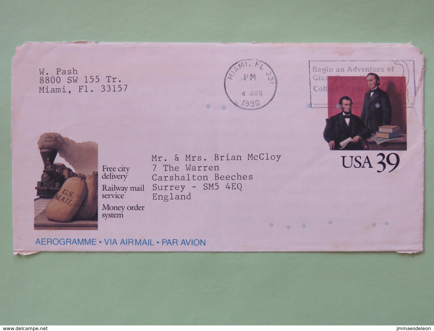 USA 1990 Stationery Cover To England - Lincoln - Train - Dinosaur Cancel - Lettres & Documents