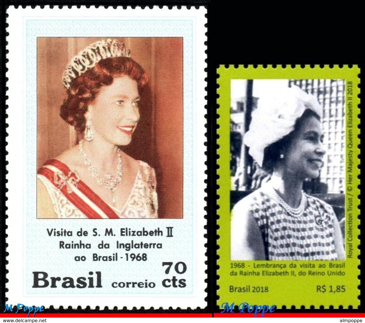 Ref. BR-1105-18-11 BRAZIL 2018 FAMOUS PEOPLE, 1968 VISIT OF QUEEN, ELIZABETH II (UK) TO BRASIL, MNH, 2V Sc# 1105+11/18 - Unused Stamps