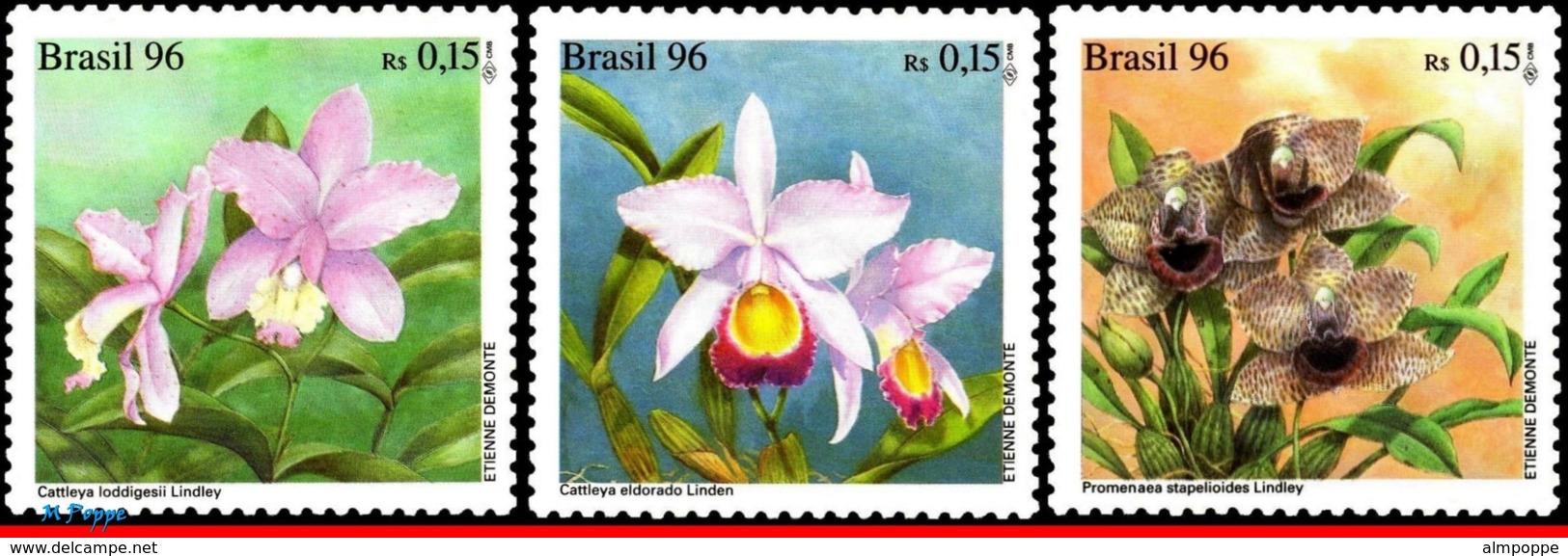 Ref. BR-2597-99 BRAZIL 1996 FLOWERS, PLANTS, WORLD ORCHID CONFERENCE,, ORCHIDS, MI# 2714-16, SET MNH 3V Sc# 2597-2599 - Unused Stamps