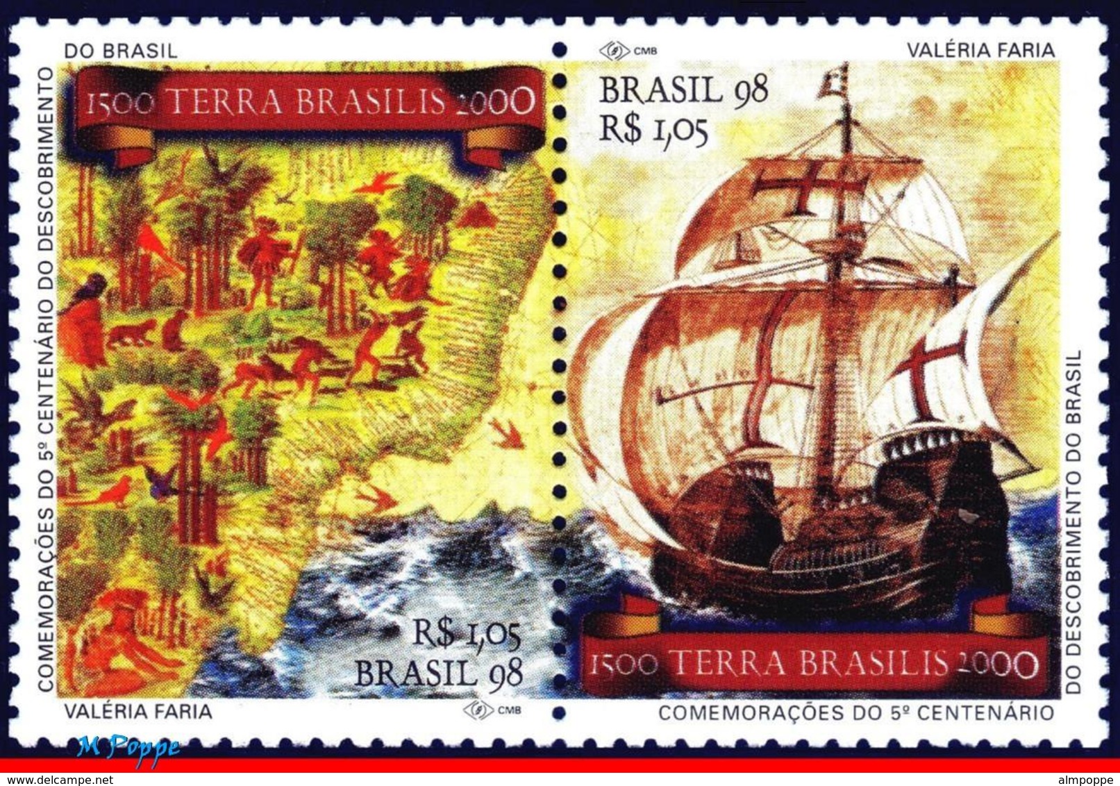 Ref. BR-2671A BRAZIL 1998 HISTORY, DISCOVERY OF BRAZIL,, SHIPS, MAPS, MI# 2816-17, SET MNH 2V Sc# 2670-2671 - Ungebraucht