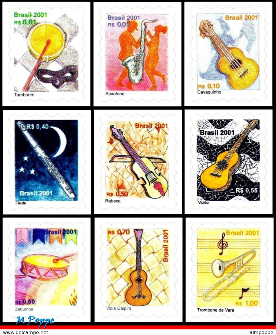 Ref. BR-2810-18 BRAZIL 2001 MUSIC, MUSIC INSTRUMENTS,, MI# 3175-83, SET SELF-ADHESIVE MNH 9V Sc# 2810-2018 - Musique