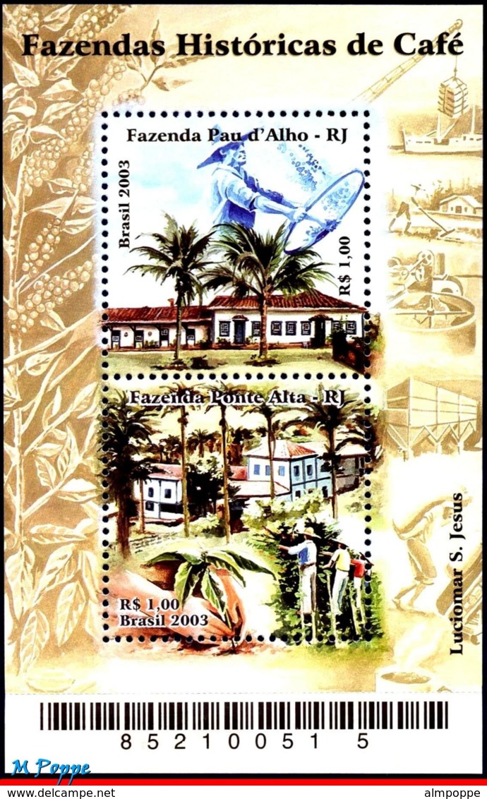 Ref. BR-2881 BRAZIL 2003 AGRICULTURE, COFFEE PLANTATIONS,, PLANTS, COFFEE FARM, MI# B122, S/S MNH 2V Sc# 2881 - Unused Stamps