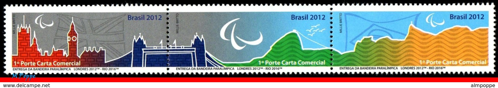 Ref. BR-3294 BRAZIL 2015 SPORTS, PARALYMPIC GAMES RIO 2016, DELIVERY OF FLAG, DATED 2012, M/S MNH 3V Sc# 3294 - Eté 2016: Rio De Janeiro