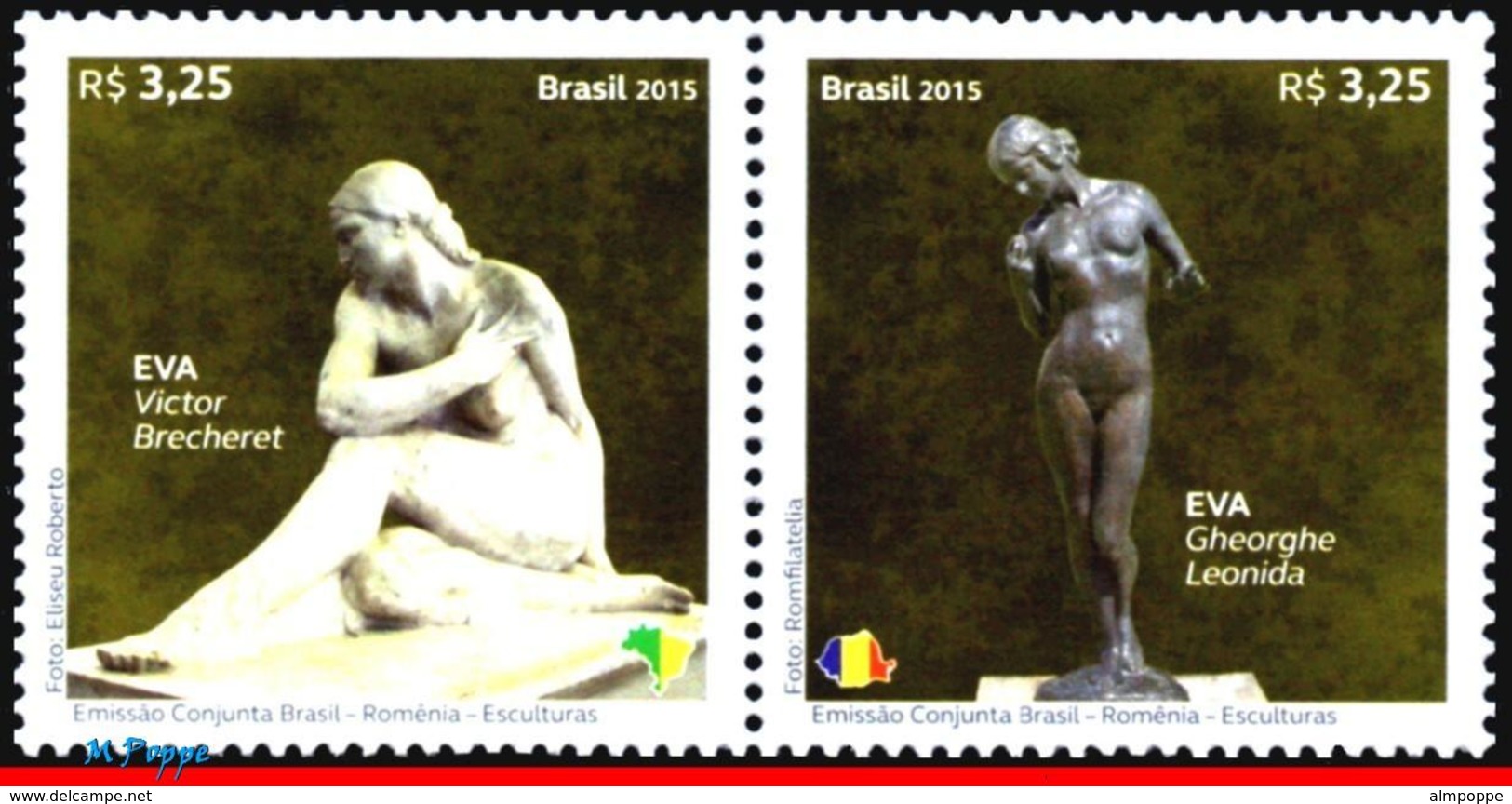 Ref. BR-3321 BRAZIL 2015 JOINT ISSUE, WITH ROMANIA, SCULPTURES,, ART, SET MNH 2V Sc# 3321 - Unused Stamps