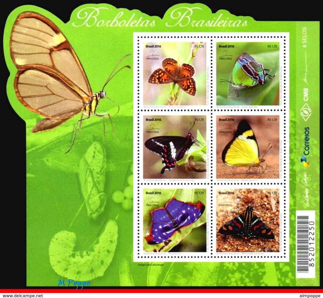 Ref. BR-V2016-23-3 BRAZIL 2016 INSECTS, BRAZILIAN BUTTERFLIES,, MERCOSUR ISSUE, BUTTERFLY, SHEET+MS MNH 22V - Papillons