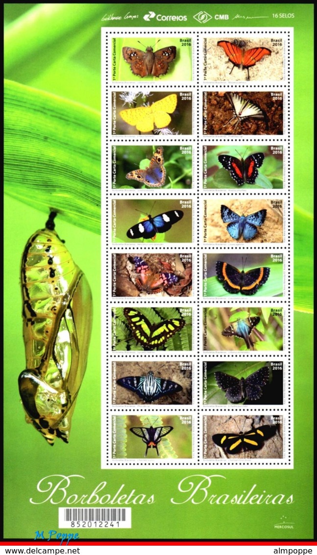 Ref. BR-V2016-23-3 BRAZIL 2016 INSECTS, BRAZILIAN BUTTERFLIES,, MERCOSUR ISSUE, BUTTERFLY, SHEET+MS MNH 22V - Papillons