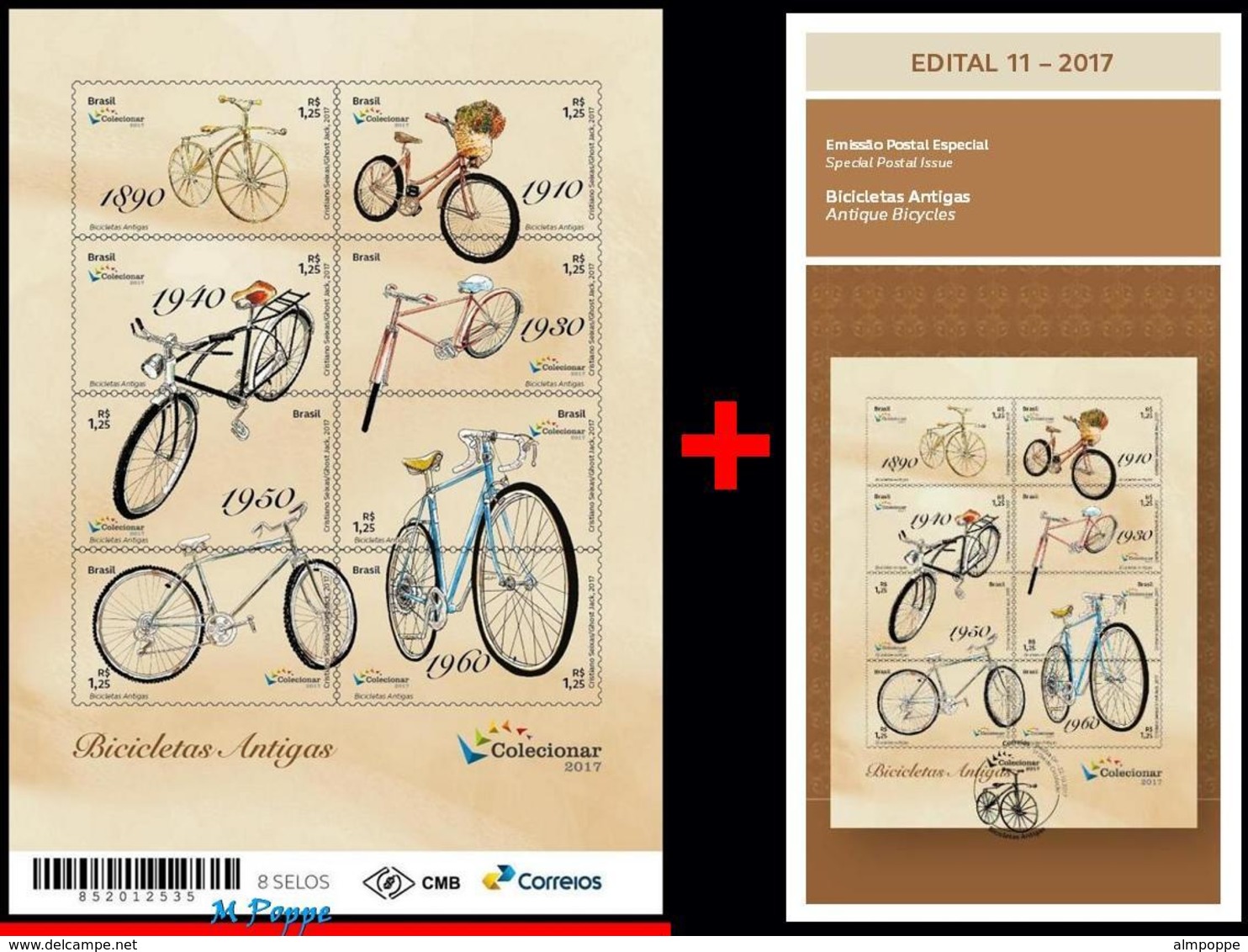 Ref. BR-V2017-16+E BRAZIL 2017 TRANSPORT, ANTIQUE BICYCLES,, OLD BIKES, MINIATURE SHEET MNH + EDICT 6V - Radsport