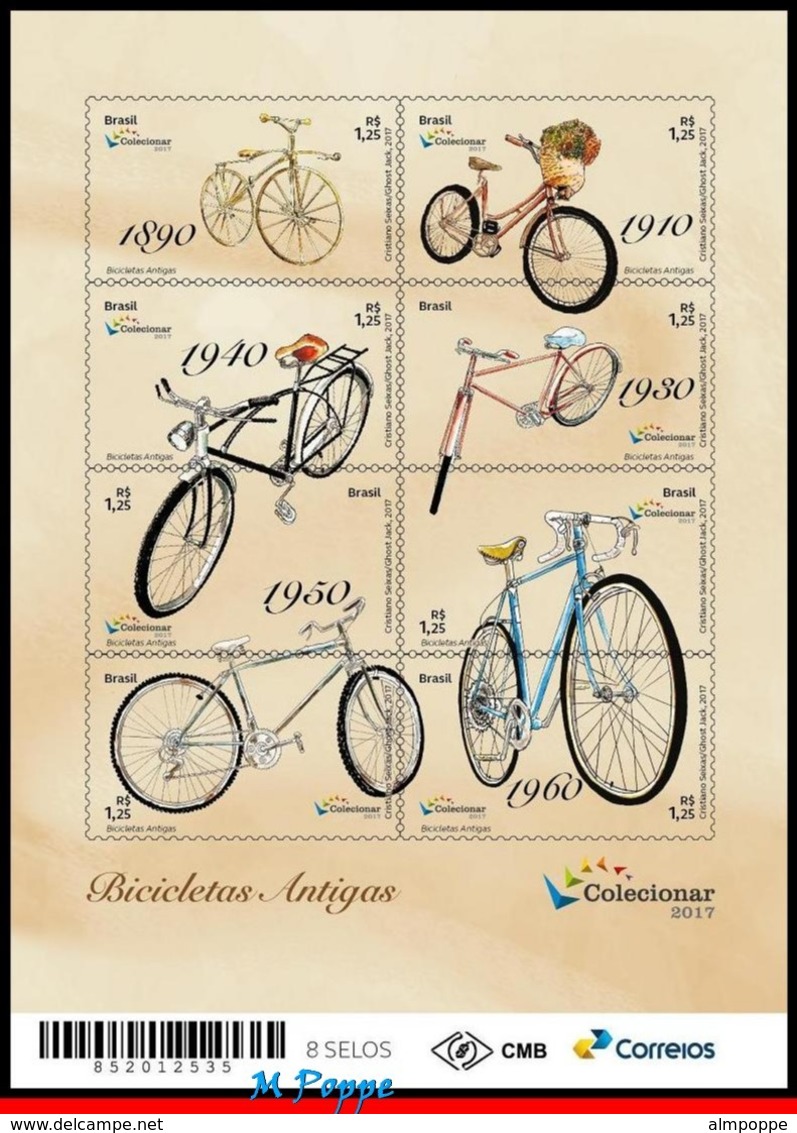 Ref. BR-V2017-16+E BRAZIL 2017 TRANSPORT, ANTIQUE BICYCLES,, OLD BIKES, MINIATURE SHEET MNH + EDICT 6V - Radsport