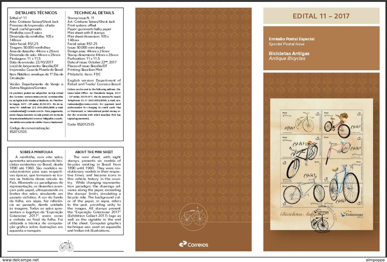 Ref. BR-V2017-16+E BRAZIL 2017 TRANSPORT, ANTIQUE BICYCLES,, OLD BIKES, MINIATURE SHEET MNH + EDICT 6V - Vélo