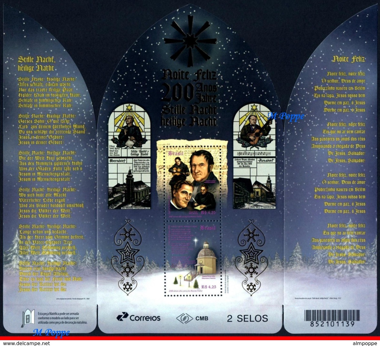 Ref. BR-V2018-16-2 BRAZIL 2018 CHRISTMAS, 200 YEARS OF, �SILENT NIGHT� SONG, SOUVENIR SHEET MNH 2V - Weihnachten