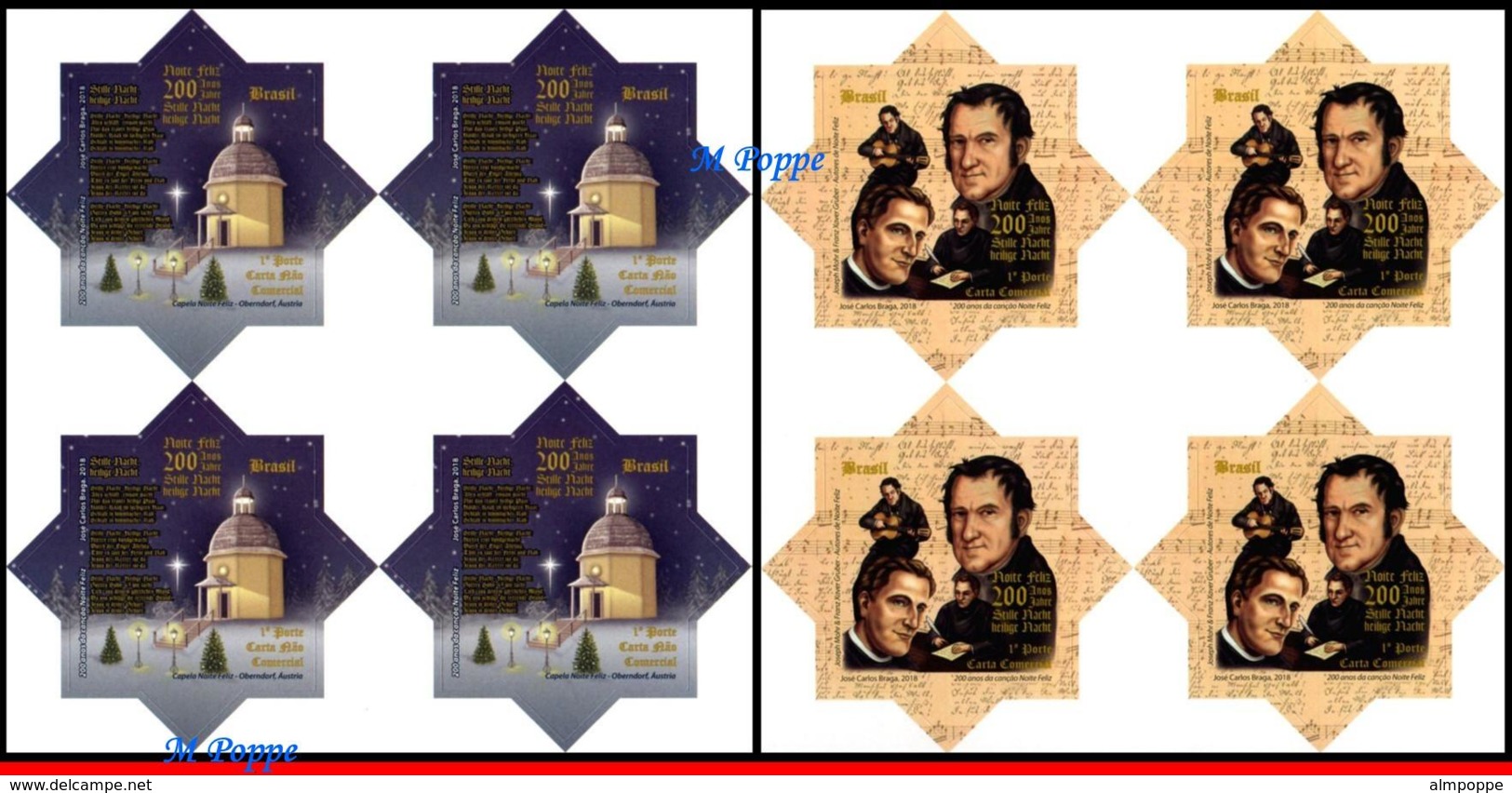 Ref. BR-V2018-161Q BRAZIL 2018 - CHRISTMAS, 200 YEARS OF, �SILENT NIGHT� SONG, BLOCKS MNH,8V - Neufs