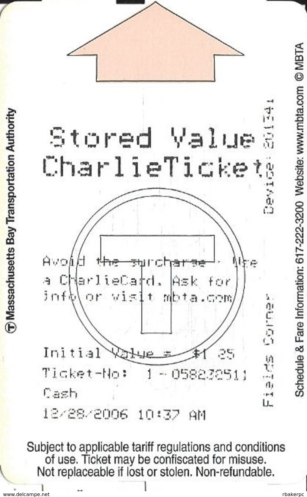 Paper Charlie Ticket From The MBTA - Andere & Zonder Classificatie